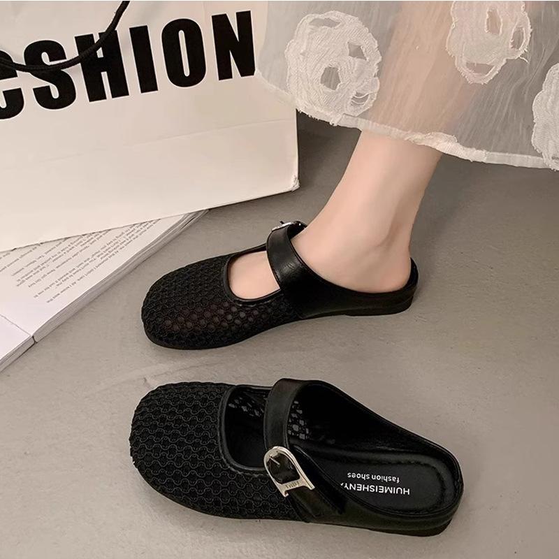 

Французский хлеб-юбка 2025 новый сетчатый полупротивень дышащие сандалии на плоской подошве с полым носком полушлепанцы женские летние 40 чёрный