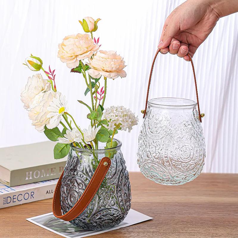 Leather Handle Vintage Glass Vase Colorful Home Decor Floral Arrangement for Boutique & Cafe Gift