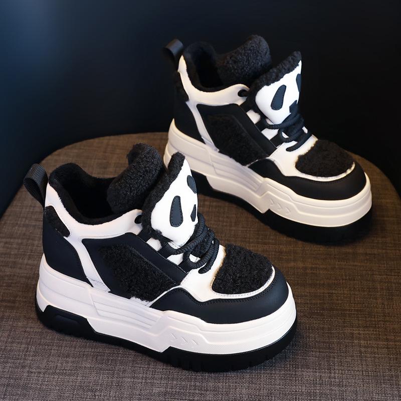 Women's 2023 Winter Thick-Soled High-Top Panda Shoes with Plush Lining and Hidden Lift