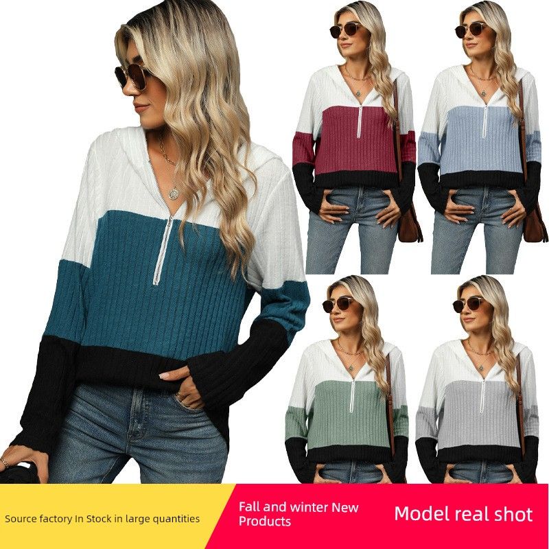 

2025 Loose Contrasting Zipper Hooded Long Sleeved Top Peacock Blue XL