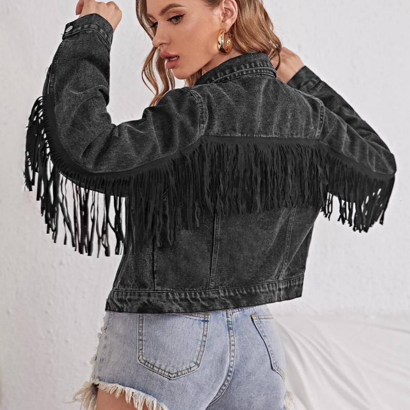 

2026 European & American Women s Wide-Brim Denim Jacket with Deformed Tassels - Long Sleeve L