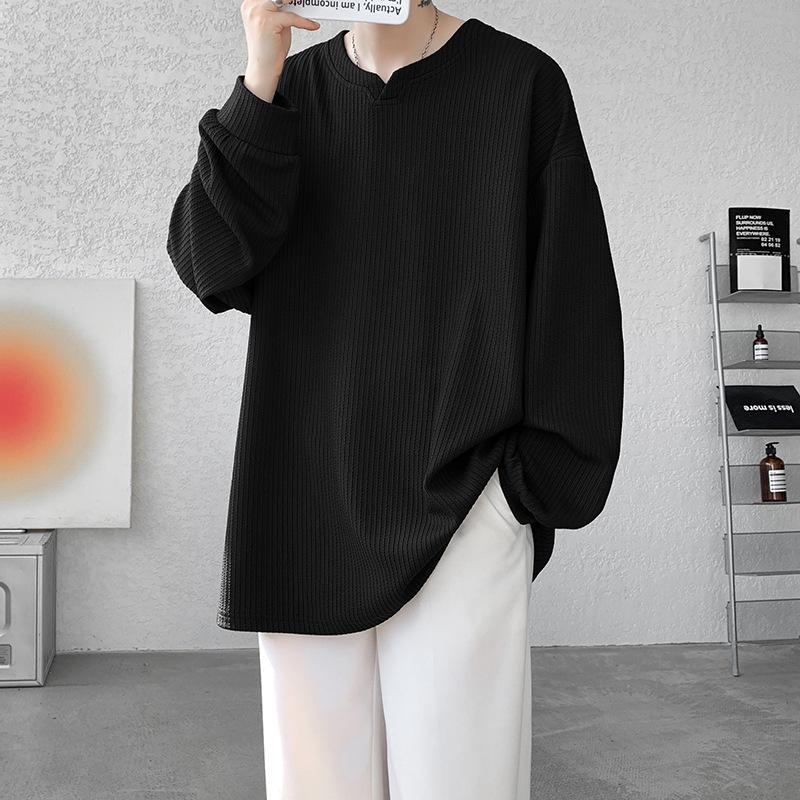 Autumn and Winter Men's Loose Fashion Striped Long-sleeved T-shirt Japanese Versatile Handsome Rotator Sleeve Sweater