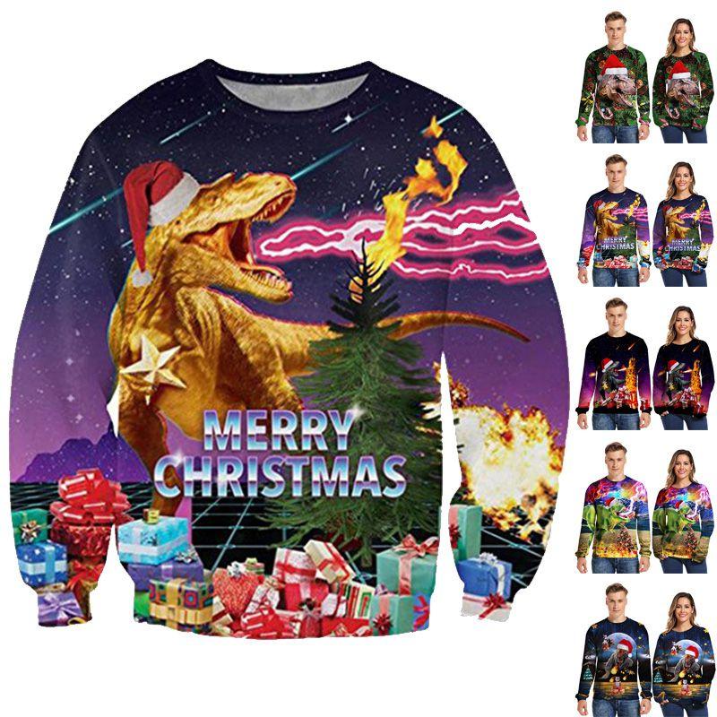 Suéter de Natal Feio Aconchegante e Festivo com Design de Dinossauro para Mulheres e Homens
