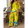 1116 European and American Geometric Printing V-neck Shirt High Waist Drape Wide Leg Pants Complete Set of Women's Clothing