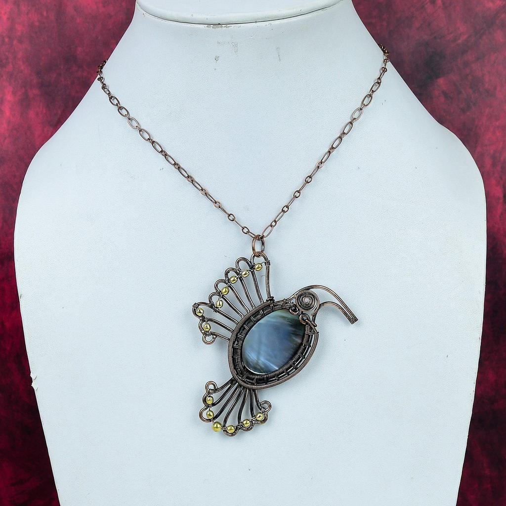 Black Mother Of Pearl Pendant Bird Pendant Copper Wire Wrapped Gemstone Jewelry