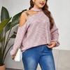 Plus Size Women S Knitted Loose Slanted Neck Solid Color Long Sleeve Top