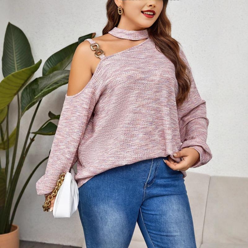Plus Size Women S Knitted Loose Slanted Neck Solid Color Long Sleeve Top