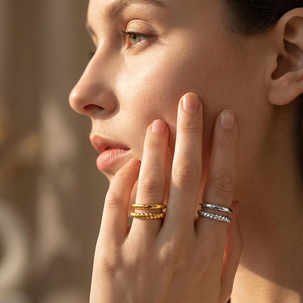 18K Gold Plated Cable Knit Double Layer Open Ring – European & American Fashion