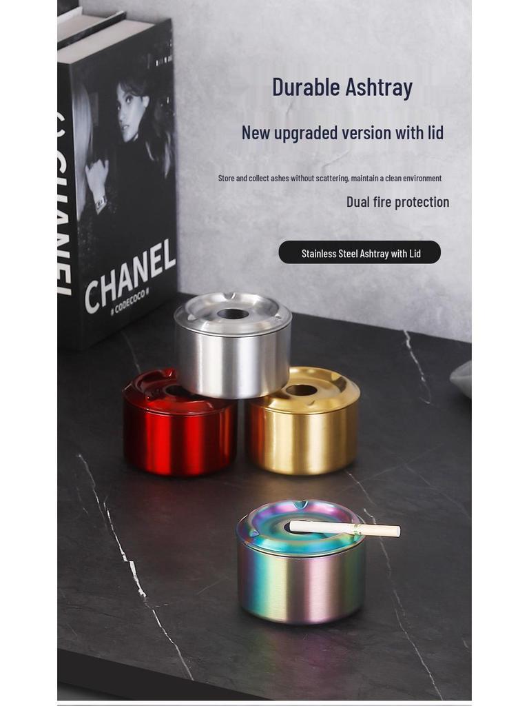 Lidded Stainless Steel Ashtray - Anti-Fly Ash Design for Home, Cafe, and Bar