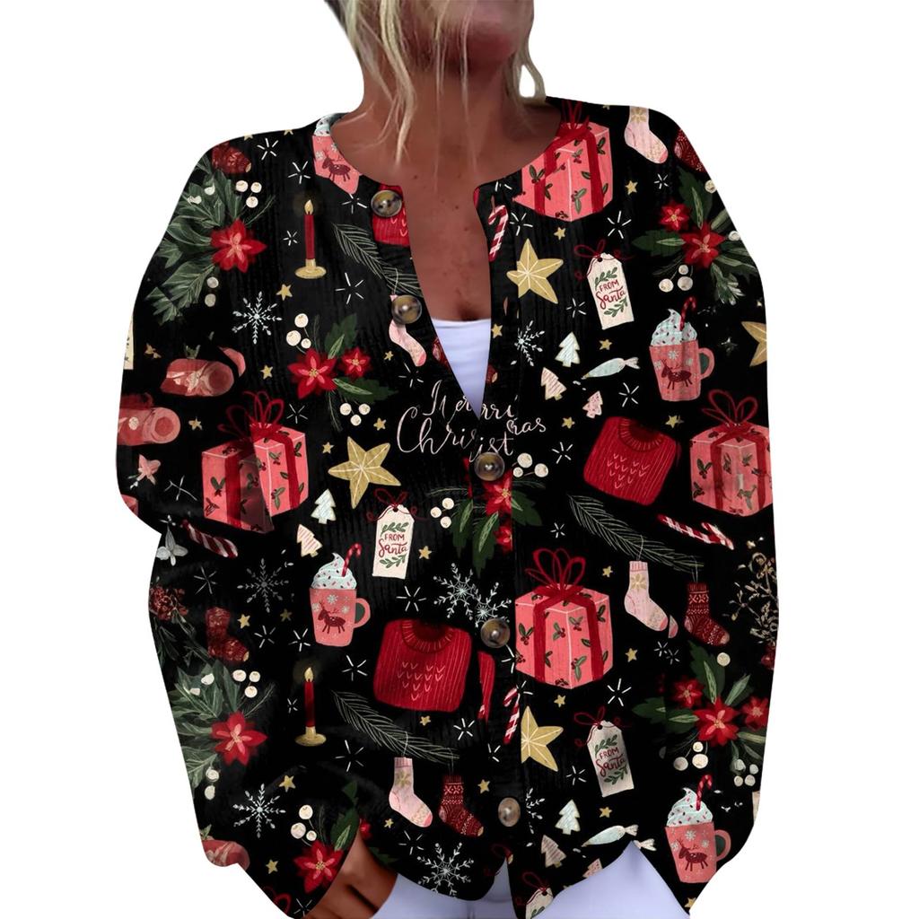 Women's Fashion Christmas Printed Long Sleeve Knitted Cardigan Button Down Jacket