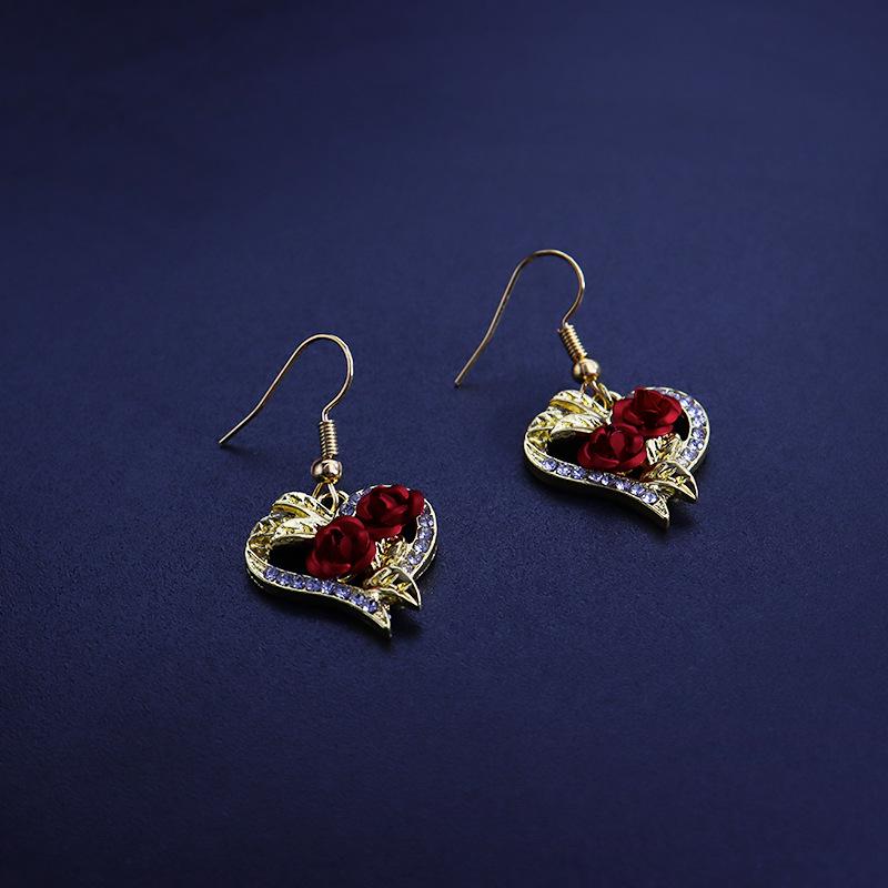 Heart-Shaped Rose Earrings & Necklace Set - Women's European & American Fashion Jewelry