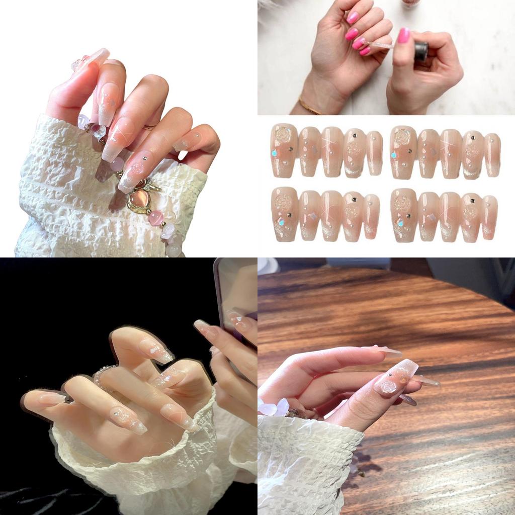 Handmade Long Floral Nail Stickers In Pure Desire Style For Ladies Xs S M L