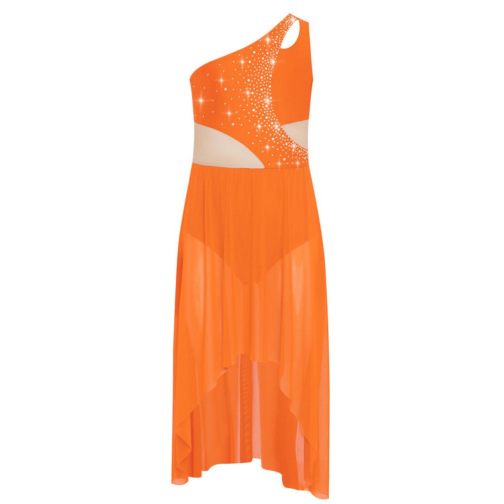 Mädchen Lyrical Tanzkostüm Glänzende Strasssteine Ein Schulter Ärmellos Cutout High Low Fließendes Netzkleid Tanzkleidung