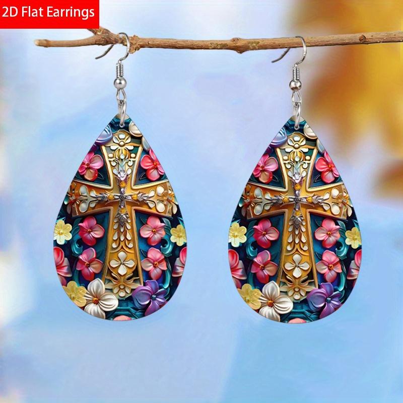 2 Pairs/Set Colorful Lily Flower Cross Pattern PU Leather Earrings Easter Earrings Women's Elegant Fashion Tears Earrings Holiday Party Gift