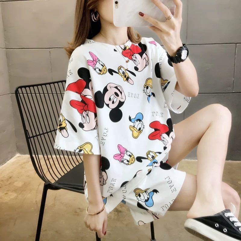 Women's Plus Size Summer Cartoon Pajama Set - Cute Donald Duck Short Sleeve Homewear