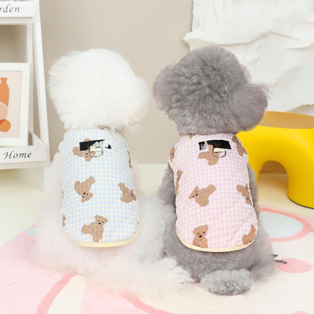 Pet Plaid Bear Quilted Vest Dog Clothing Autumn and Winter Can Pull Puppy Clothes New Small Dog Teddy Cotton Plaid Printed Vest