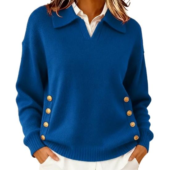Женский свитер с лацканами, длинными рукавами, свободного кроя, однотонный, вязаный топ с пуговицами и карманами, осенне-зимний пуловер 2XL синий