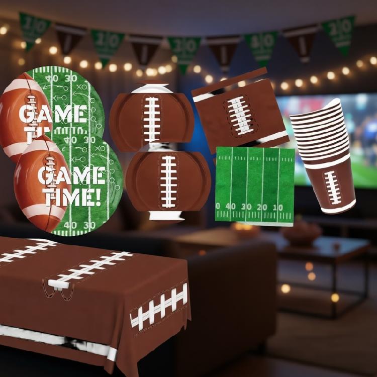 72 Piece Comprehensive Football Championship Celebration Decorations With Bold Stadium Designs On Dishware And Extended Plastic Tablecloths