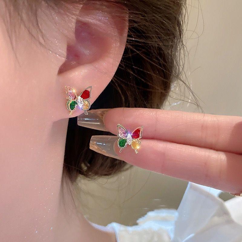 Vintage Colorful Rhinestone Butterfly Stud Earrings Cute Ear Stud Piercing Earrings For Women Girl Party Accessories