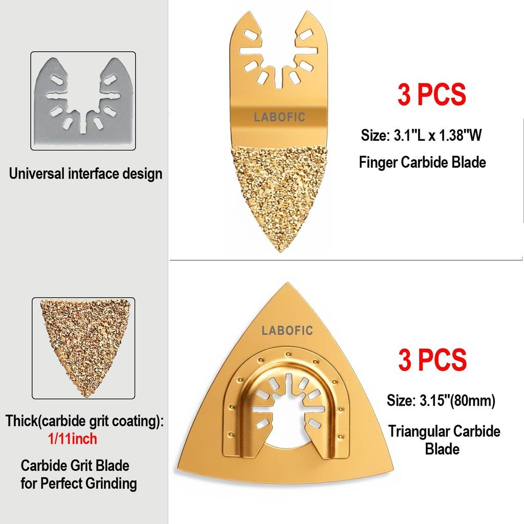 6Pcs Universal Carbide Oscillating Tool Blades, Triangular and Finger Carbide Grit Rasp Blades for Sanding Grinding Rasping Tile Grout Mortar