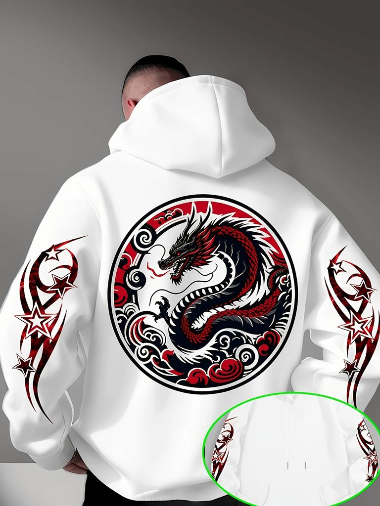 Traditional Chinese Dragon Totem Circle Printing Plus Both Arms Star Tribal Pattern Mens Hoodie, Hip Hop Sports Outdoor Streetwear Comfort Sweatshirt