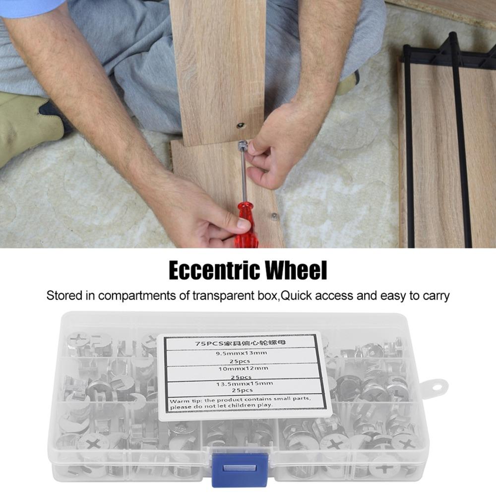75 Pcs Assortment Kit 3-in-1 Eccentric Hardware Wheels for Cabinet, Closet, Drawer, Wardrobe
