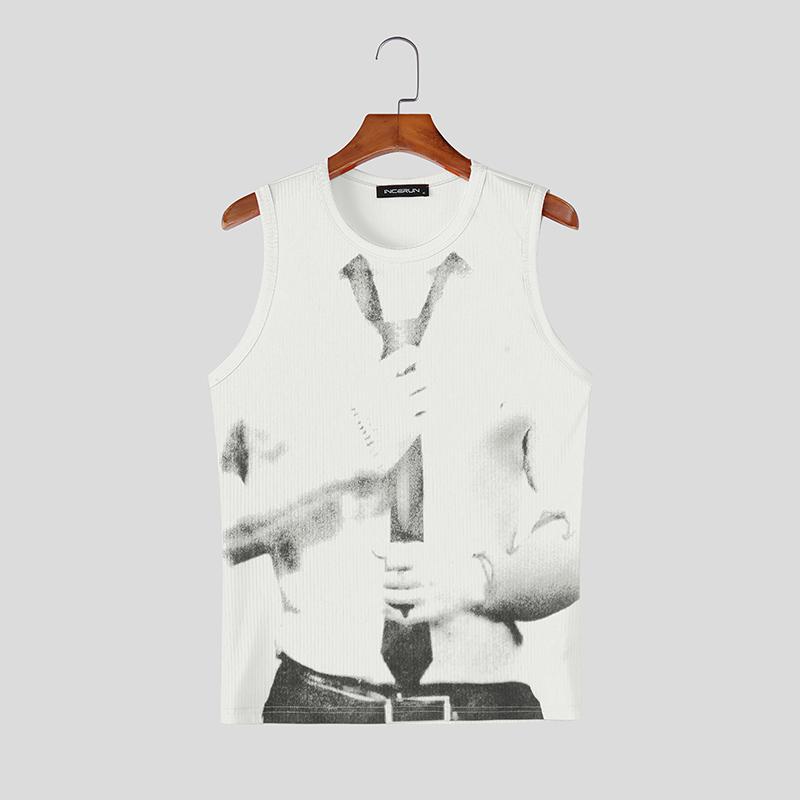 INCERUN Summer Men Sleeveless Print Ribbed Casual Tank Tops Vest 2XL белый