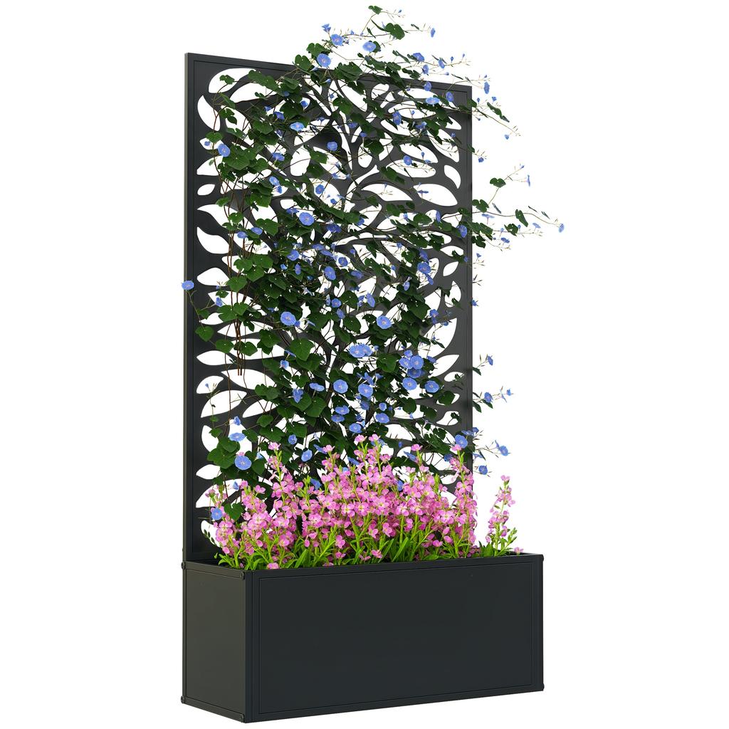 Outdoor Metal Planter, with Back Trellis - Black