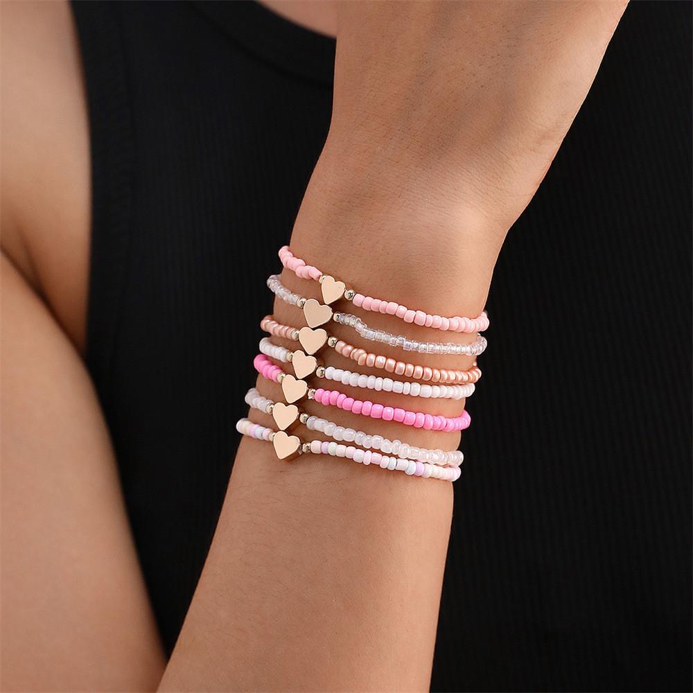 Girls Heart Shape Beaded Bracelets Set With Glass Material For Gift And Anniversary Celebrations