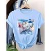 T-shirt z nadrukiem krajobrazu Santorini Artystyczny i stylowy damski top casualowy Romantyczny widok wyspy Odświeżający i oddychający