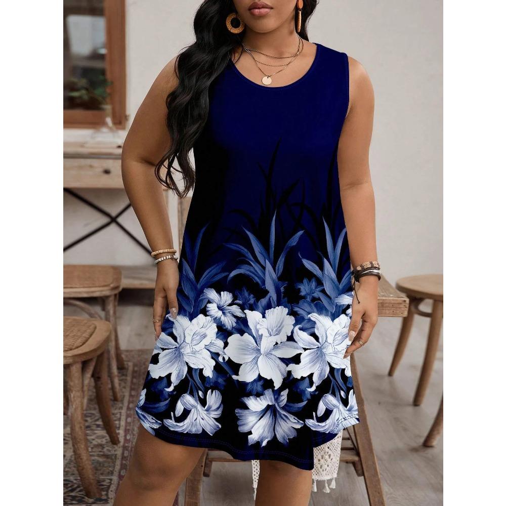 Summer Floral Print Round Neck Sleeveless Dress Beach Style Plus Size Casual Comfortable Soft Breathable Women Mini Dress
