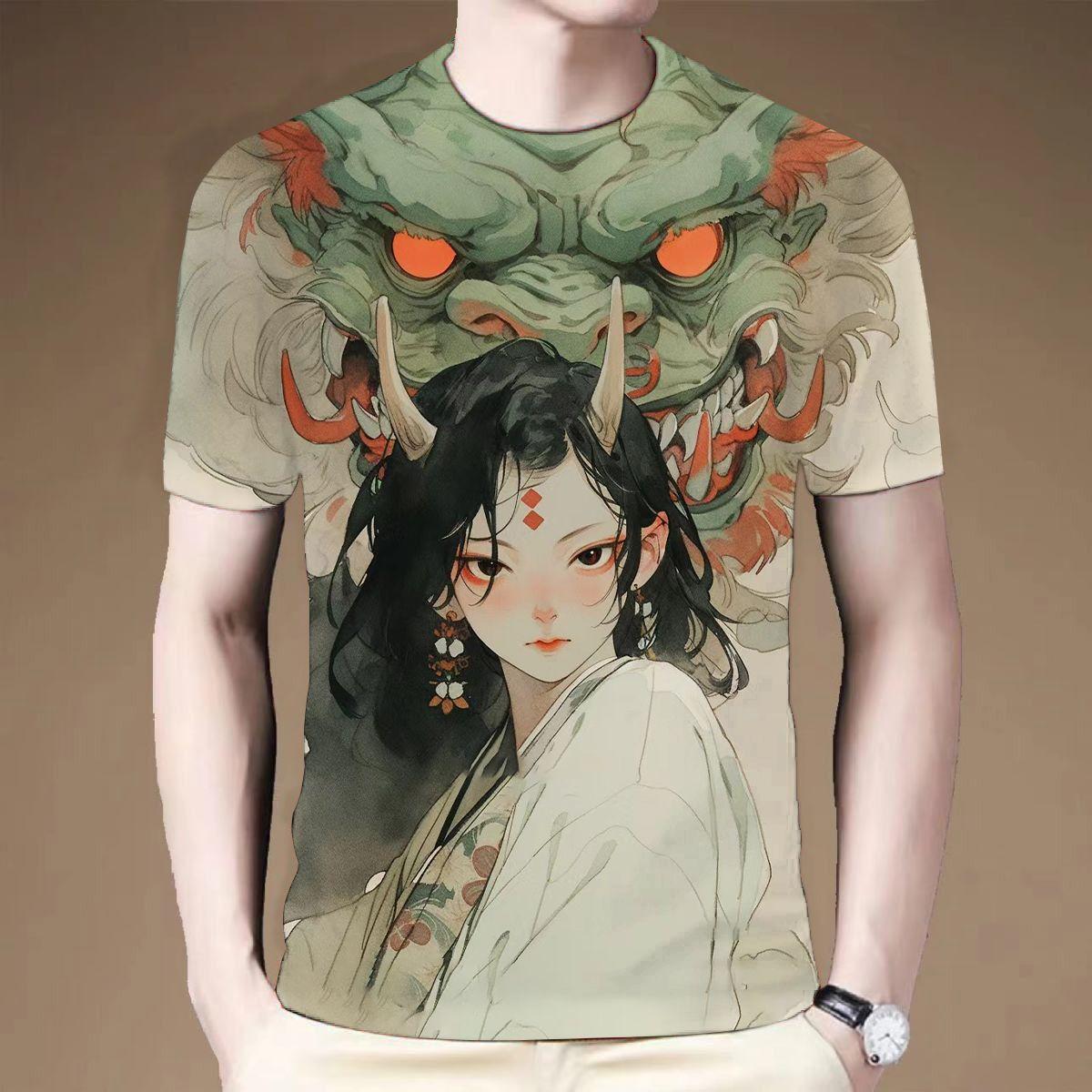 

2024 летняя новая 3D-печатная футболка с коротким рукавом и круглым вырезом в античном стиле с нежной красотой для мужчин 6XL