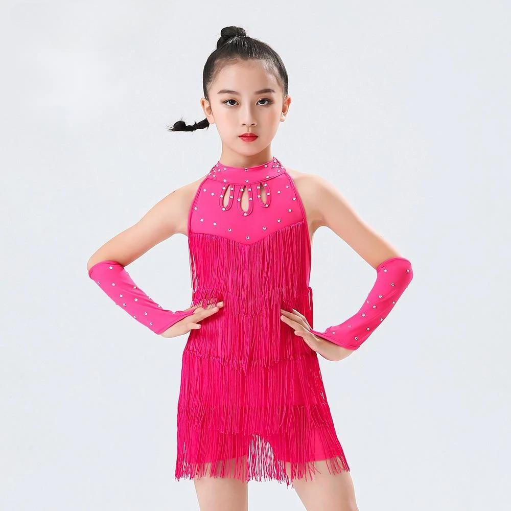 Disfraz de Danza Latina para Niñas con Lentejuelas y Flecos - Ropa Profesional para Competición de Salsa, Bachata, Baile de Salón y Tango