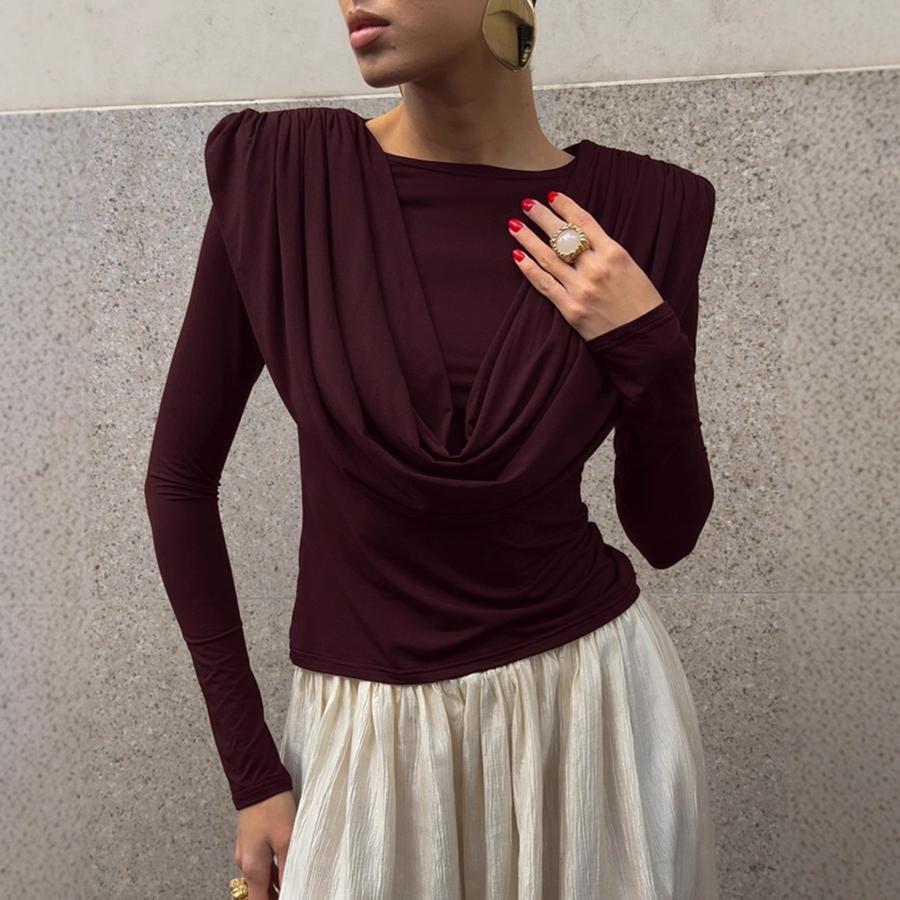 French Retro Brown Round Neck Cami Top Women's Fall Winter Bodycon Slim Fit Long Sleeve T-Shirt