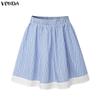 VONDA Two Piece Suit Women Short Sleeve Lapel Neck Tops and Pleated Mini Skirts Sets