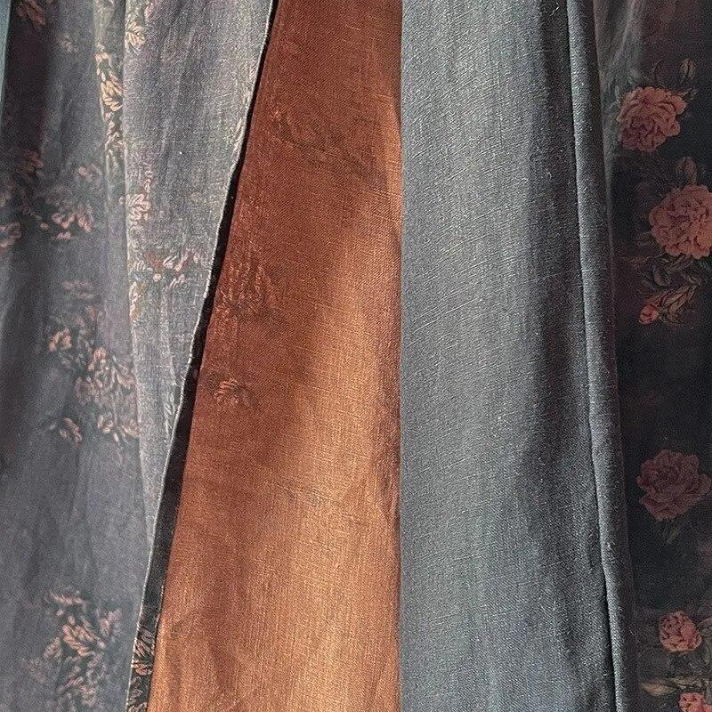 Johnature Women Vintage Linen Patchwork Print Floral A-Line Skirts Elastic Waist Clothes Autumn Chinese Style Skirts