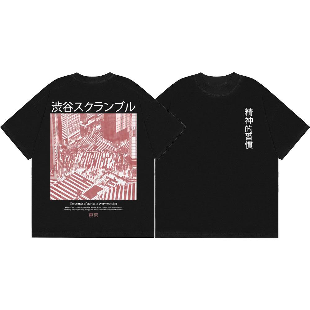 Japanese Tokyo Shibuya Crossing Graphic T-Shirt Vintage Fashion Short Sleeve T Shirt Men Women Summer Casual Cotton T-Shirts 4XL