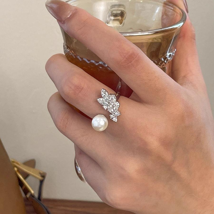 French Zircon Leaf Pearl Ring Female Non-Fading Index Finger Ring Open Ring