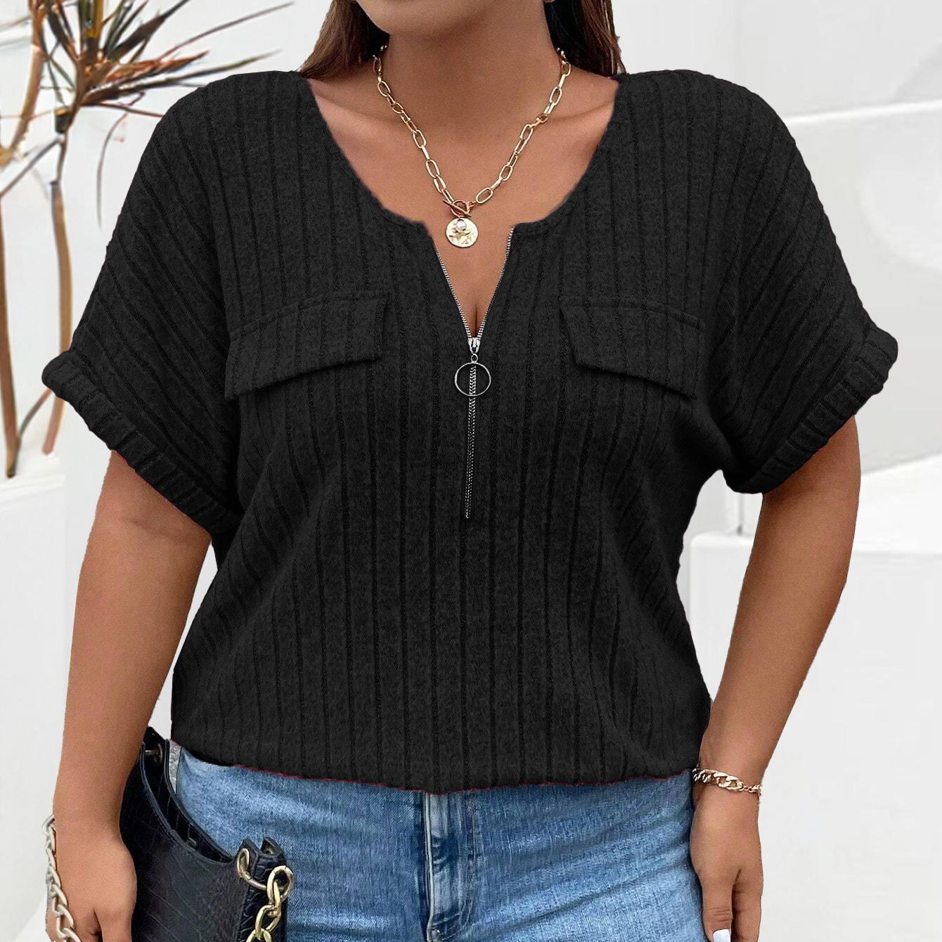 

Весенние и летние модели, однотонные женские топы больших размеров, пуловер на молнии с короткими рукавами и искусственными карманами, свободная футболка XL чёрный