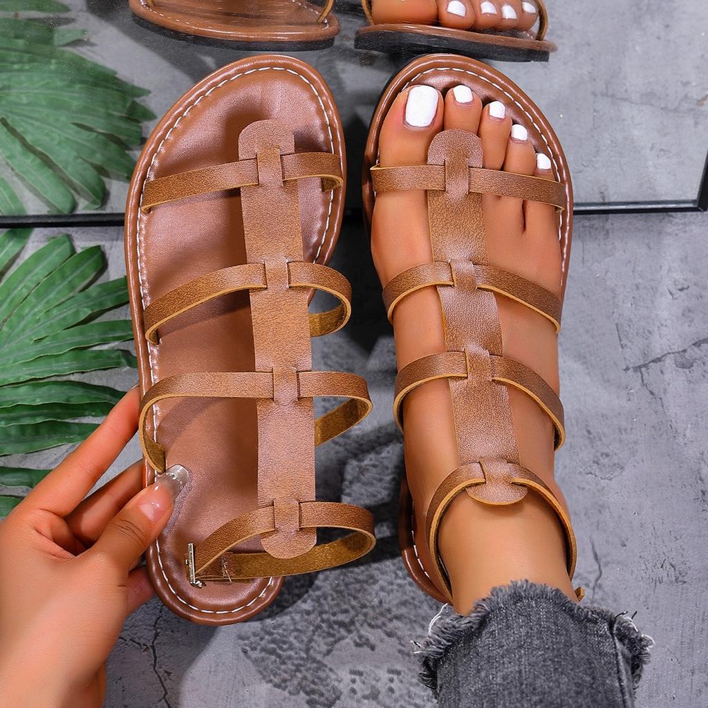 Fashion Women Sandals Ladies Flat Heels Clip-toe Casual Rome Sandals 2025 Summer Cross Narrow Band Ankle Buckle Strap Female Beach Shoes