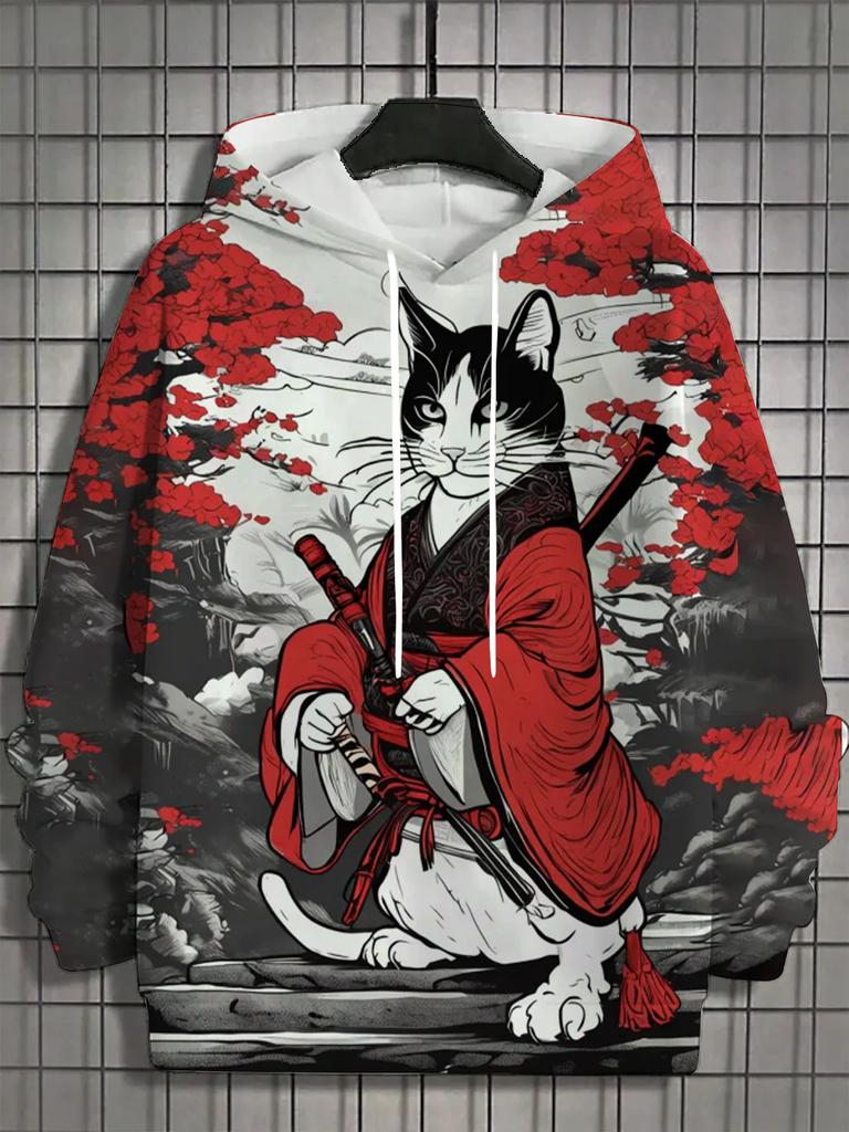 Japanese Samurai Cat Print Hoodies For Men Fashion Oversized y2k Pullover Autumn and Winter Casual Sweatshirts Funny Street Tops