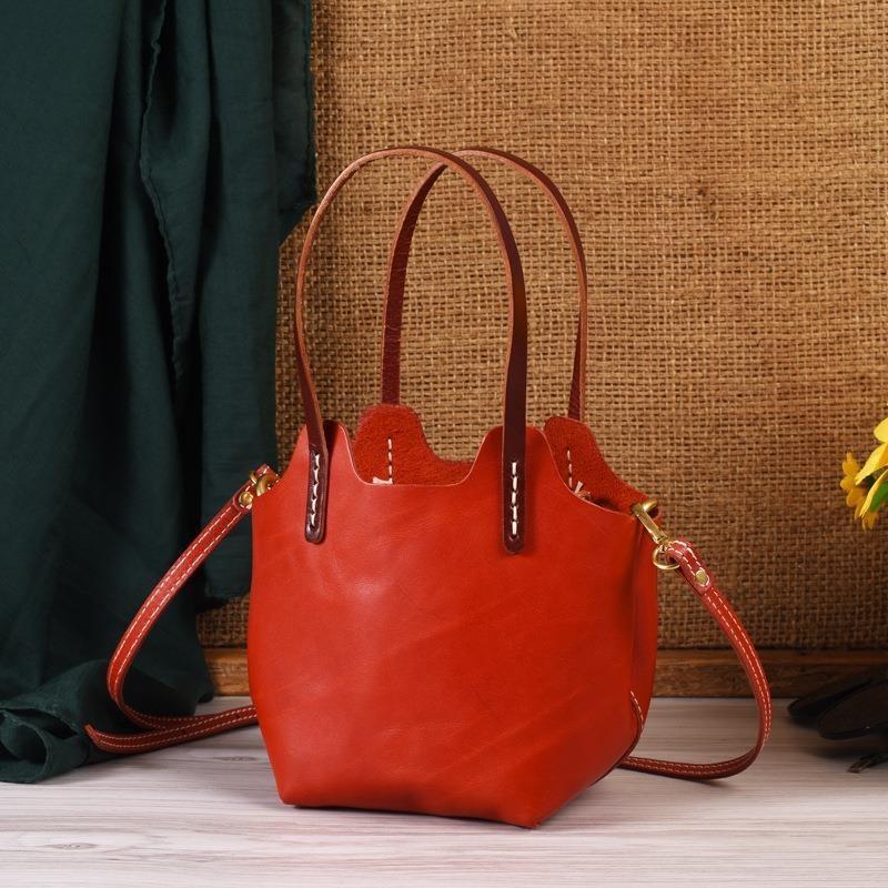 

New vegetable tanned leather bucket bag handbag leather messenger bag retro literary mini handbag plus 10*10*13cm червоний