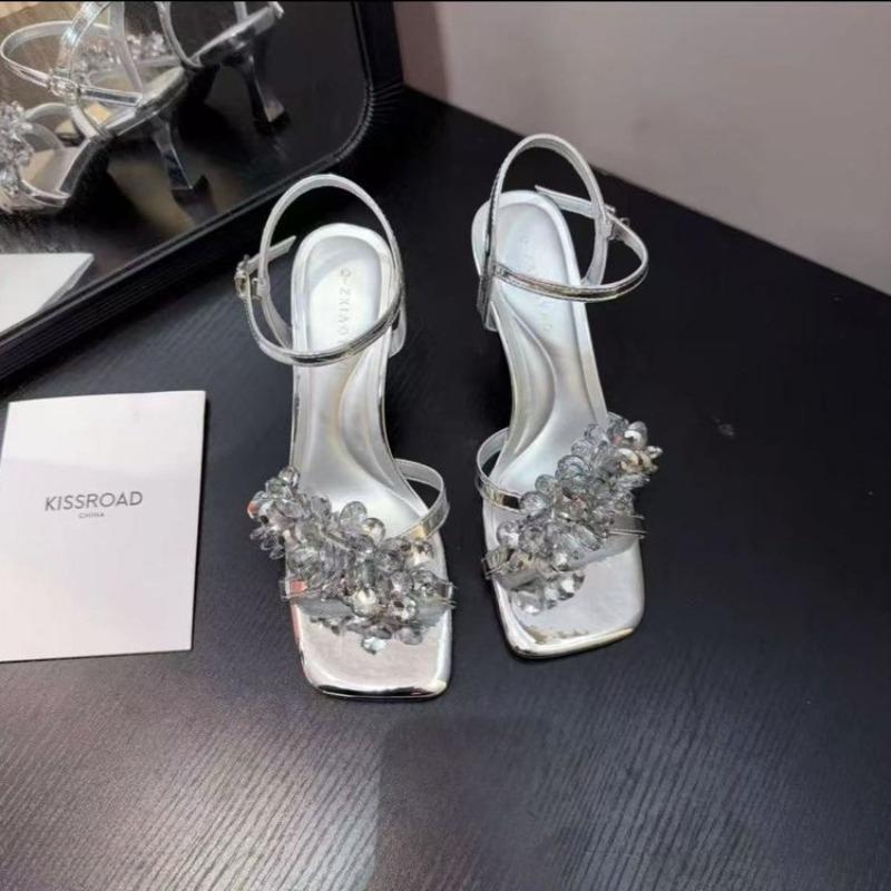 Crystal Women Sandals New Luxury High Heels Shoes Square Toe Summer Slippers 2026 Sexy Brand Woman Slingback Pumps