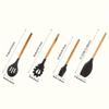 7-Piece Black Silicone Kitchen Utensil Set with Wooden Handles for Non-Stick Cookware