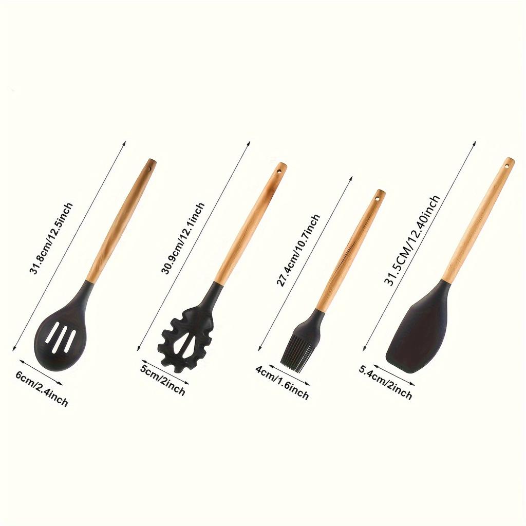 7-Piece Black Silicone Kitchen Utensil Set with Wooden Handles for Non-Stick Cookware