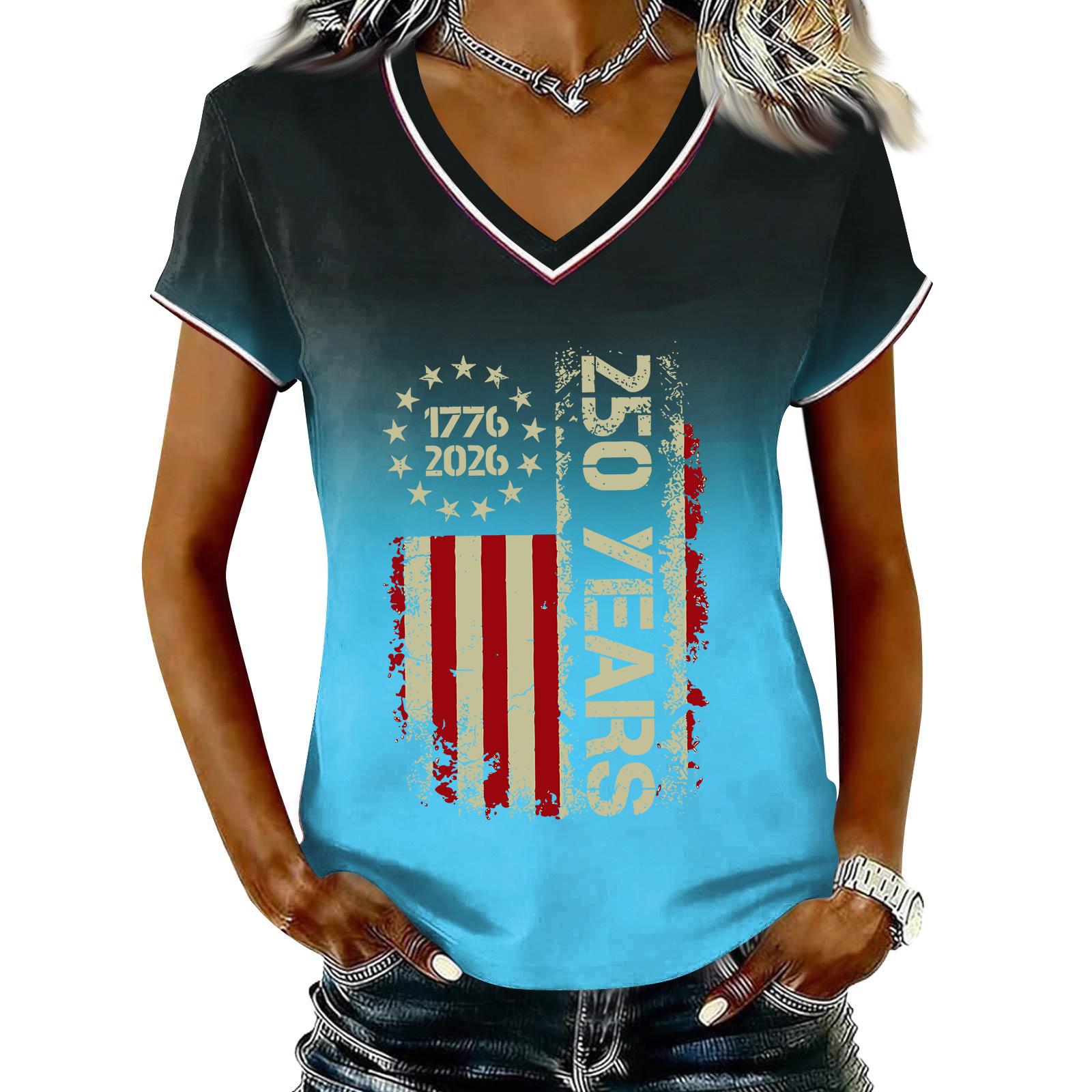 

Women Casual V Neck Short Sleeve Pullover T Shirt Gradient Print Independence Day Top Lightweight Summer Tee XXL синий
