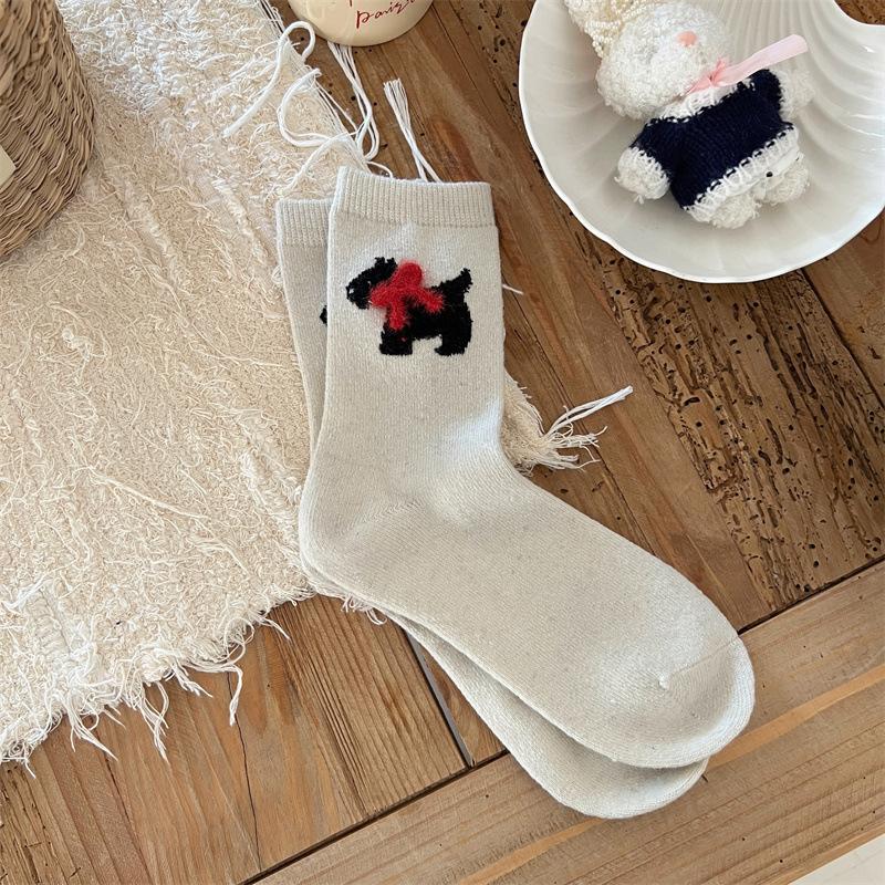 Winter Socks Cartoon Puppy Bow Wool Socks Cute Warm Socks Stacked Socks