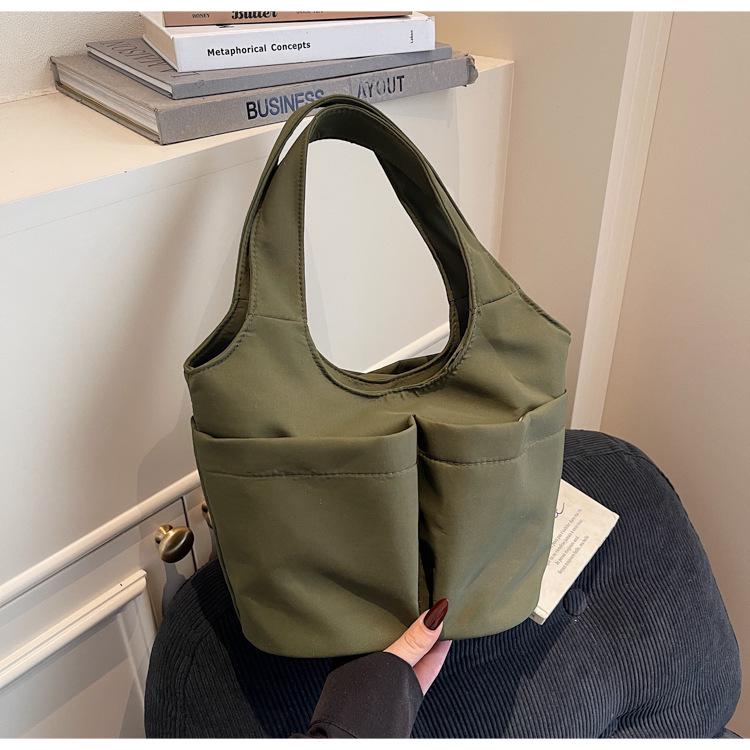 Korean Style Multi-Pocket Canvas Tote Bag with Large Capacity for Lunch or Shoulder Use