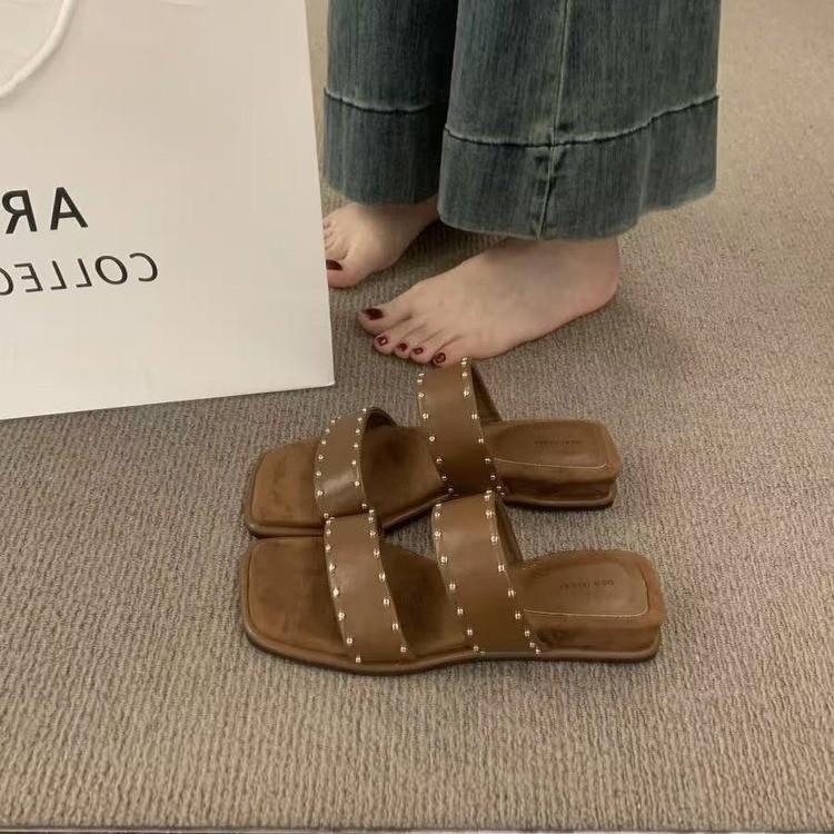 

Fashion 2025 New Summer Women Square Toe Clip Toe Flip Flop Fashion Rivet Dress Slide Shoes Ladies Concise Outdoor Low Heel Slippers 40 коричневый