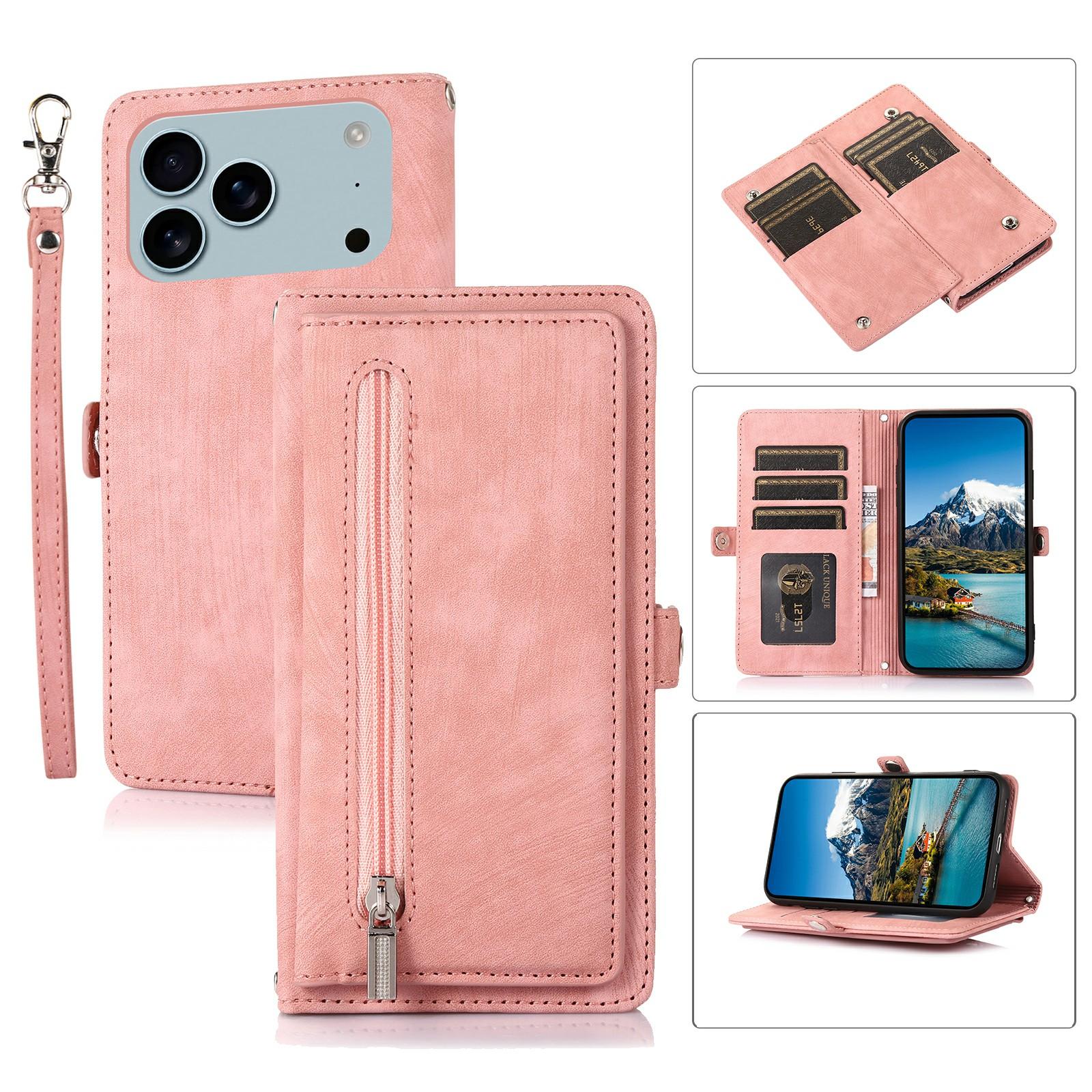 

For iPhone 17 Pro Case Zipper Pocket 9 Card Slots PU Leather Phone Cover with Wrist Strap Rose Gold